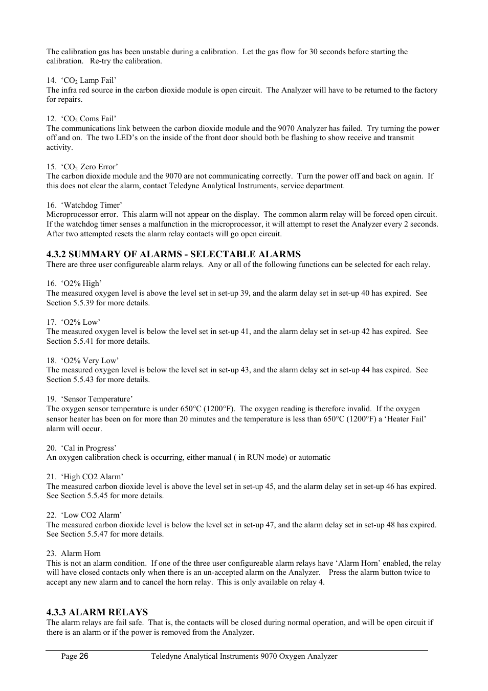 2 summary of alarms - selectable alarms, 3 alarm relays | Teledyne 9070 - O2 and CO2 Food package analyzer (preliminary) User Manual | Page 26 / 50
