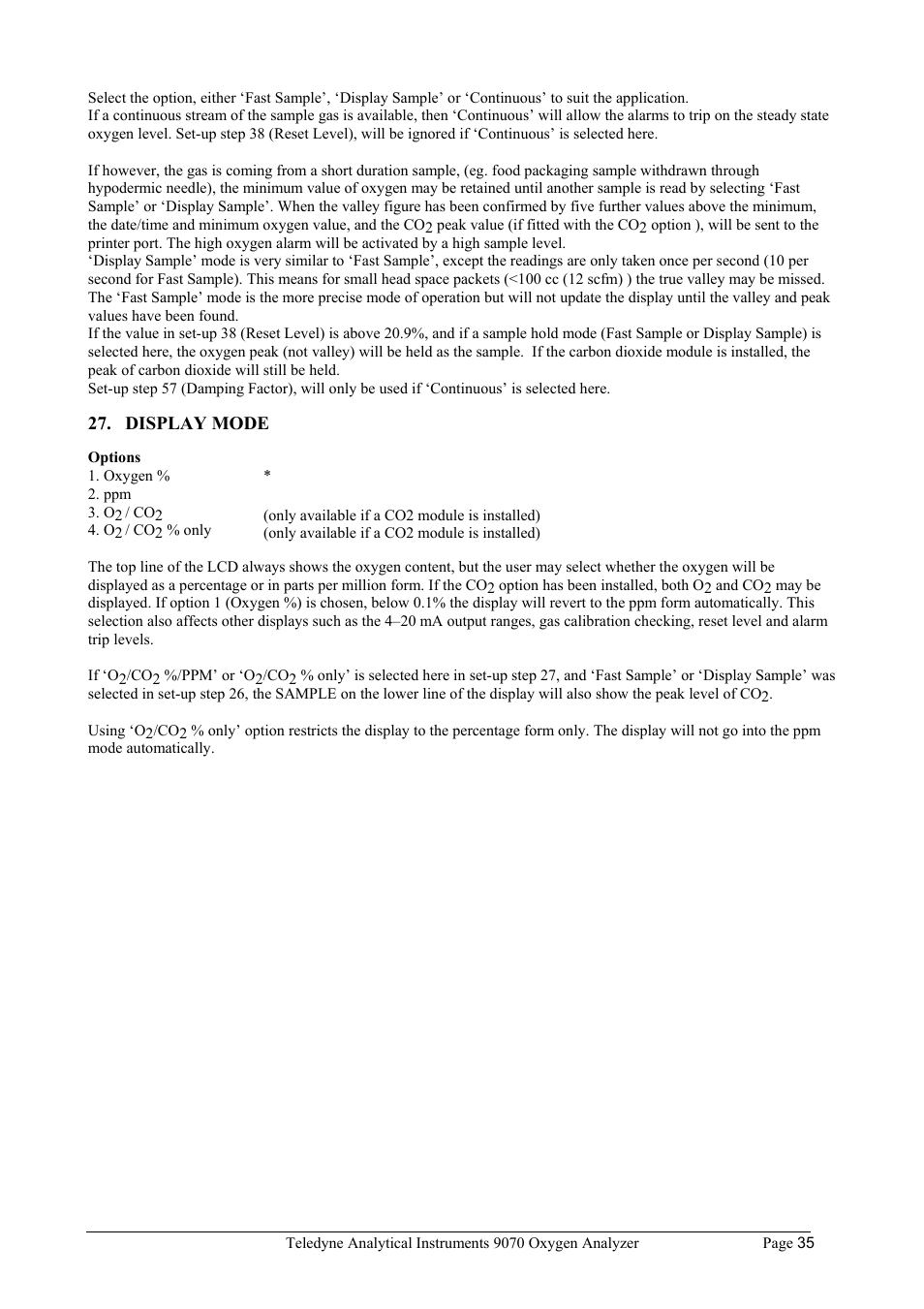 Display mode | Teledyne 9070 - O2 and CO2 Food package analyzer (preliminary) User Manual | Page 35 / 50