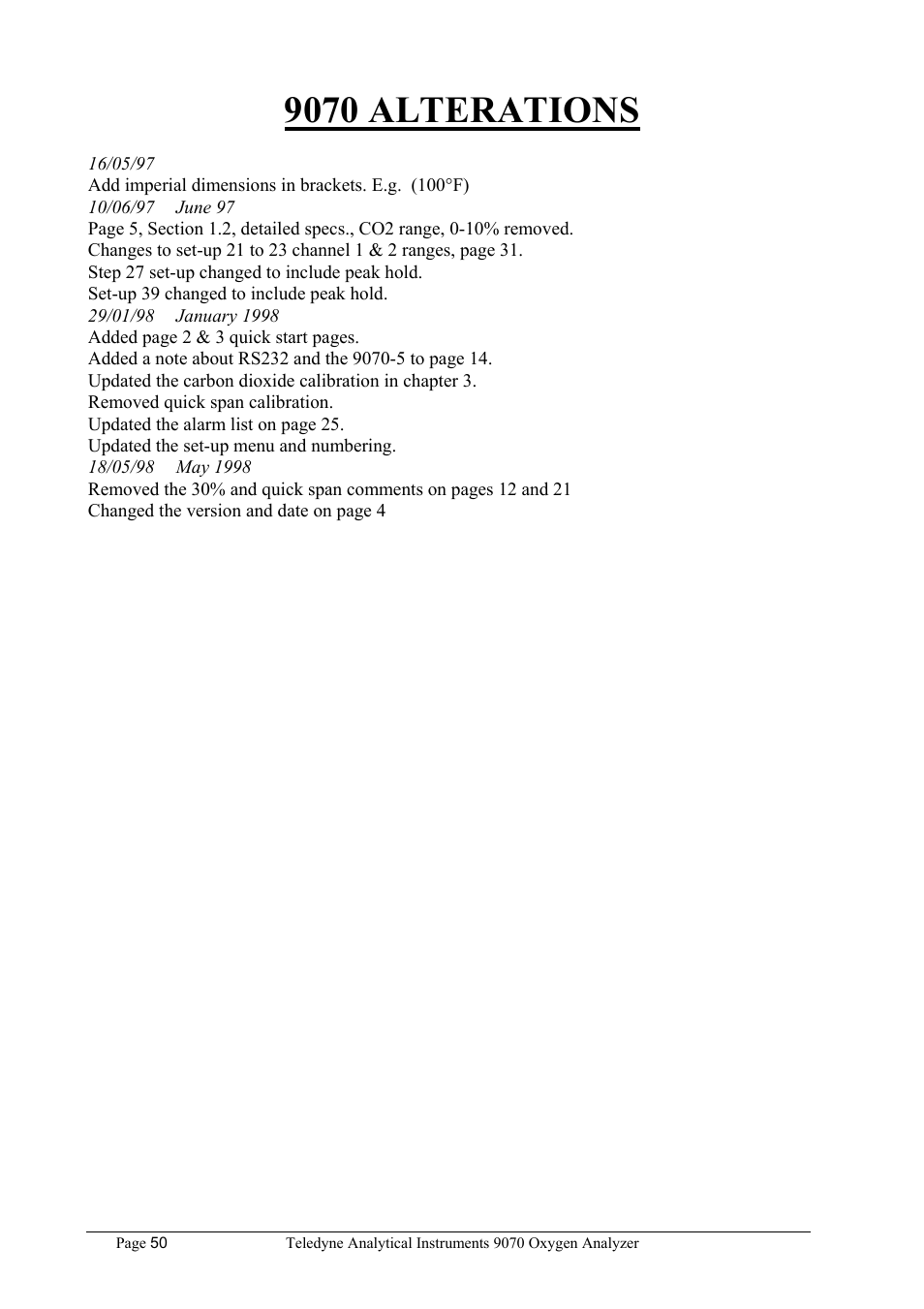9070 alterations | Teledyne 9070 - O2 and CO2 Food package analyzer (preliminary) User Manual | Page 50 / 50
