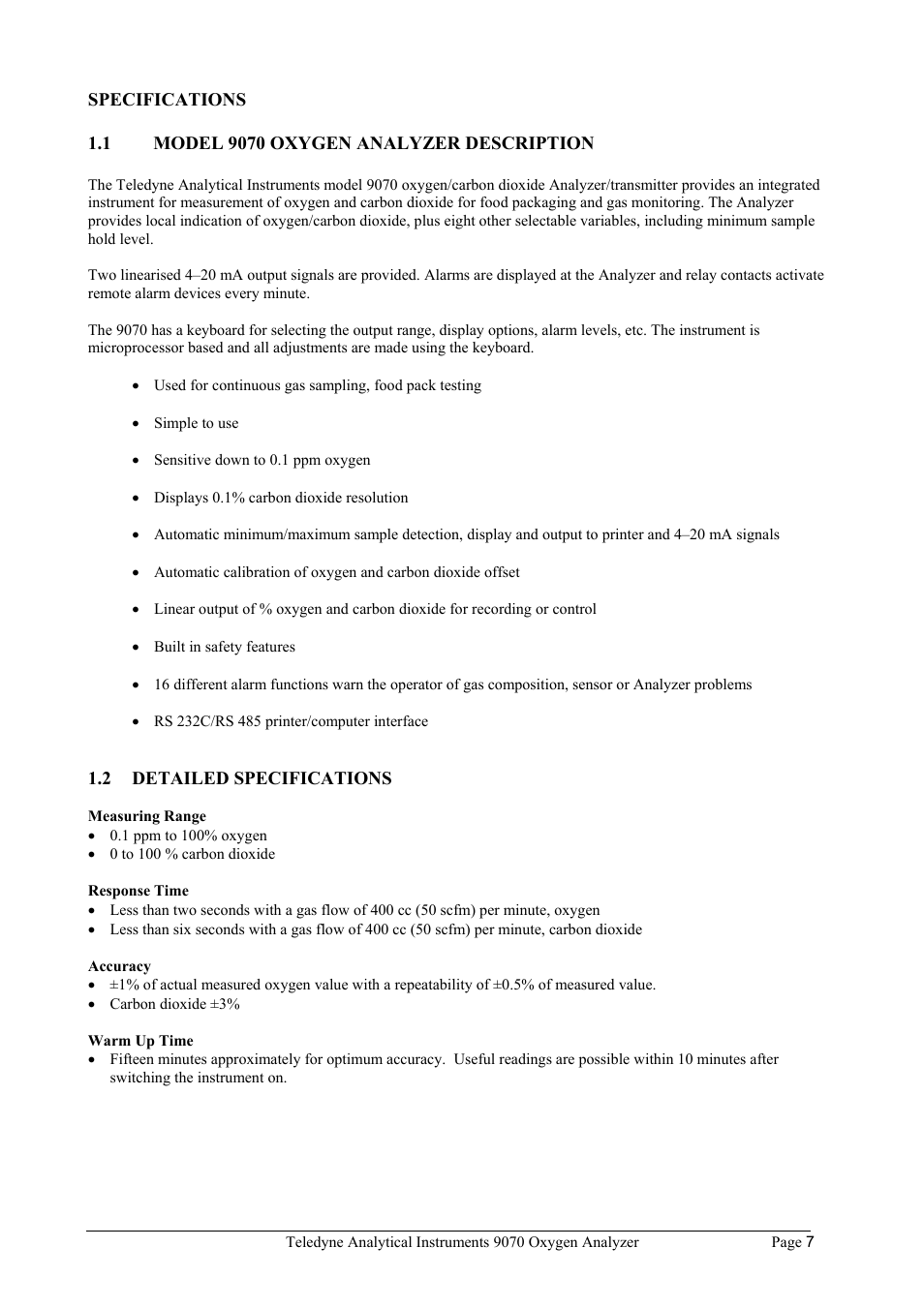 Teledyne 9070 - O2 and CO2 Food package analyzer (preliminary) User Manual | Page 7 / 50