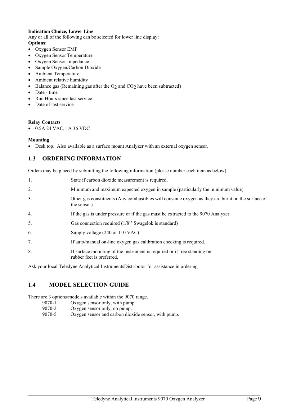 3 ordering information, 4 model selection guide | Teledyne 9070 - O2 and CO2 Food package analyzer (preliminary) User Manual | Page 9 / 50