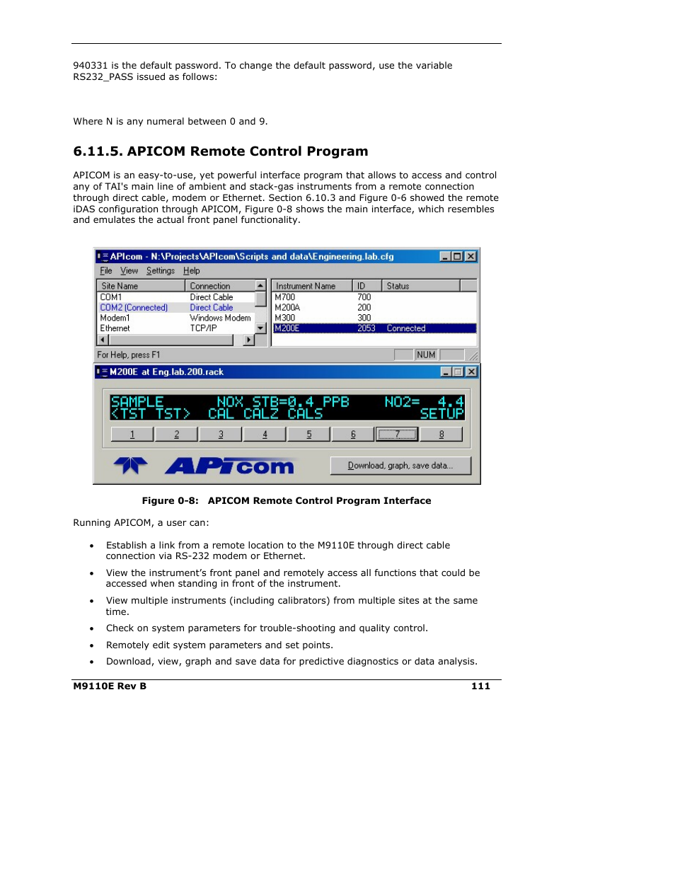 Apicom remote control program | Teledyne 9110E - Nitrogen Oxides Analyzer User Manual | Page 125 / 280