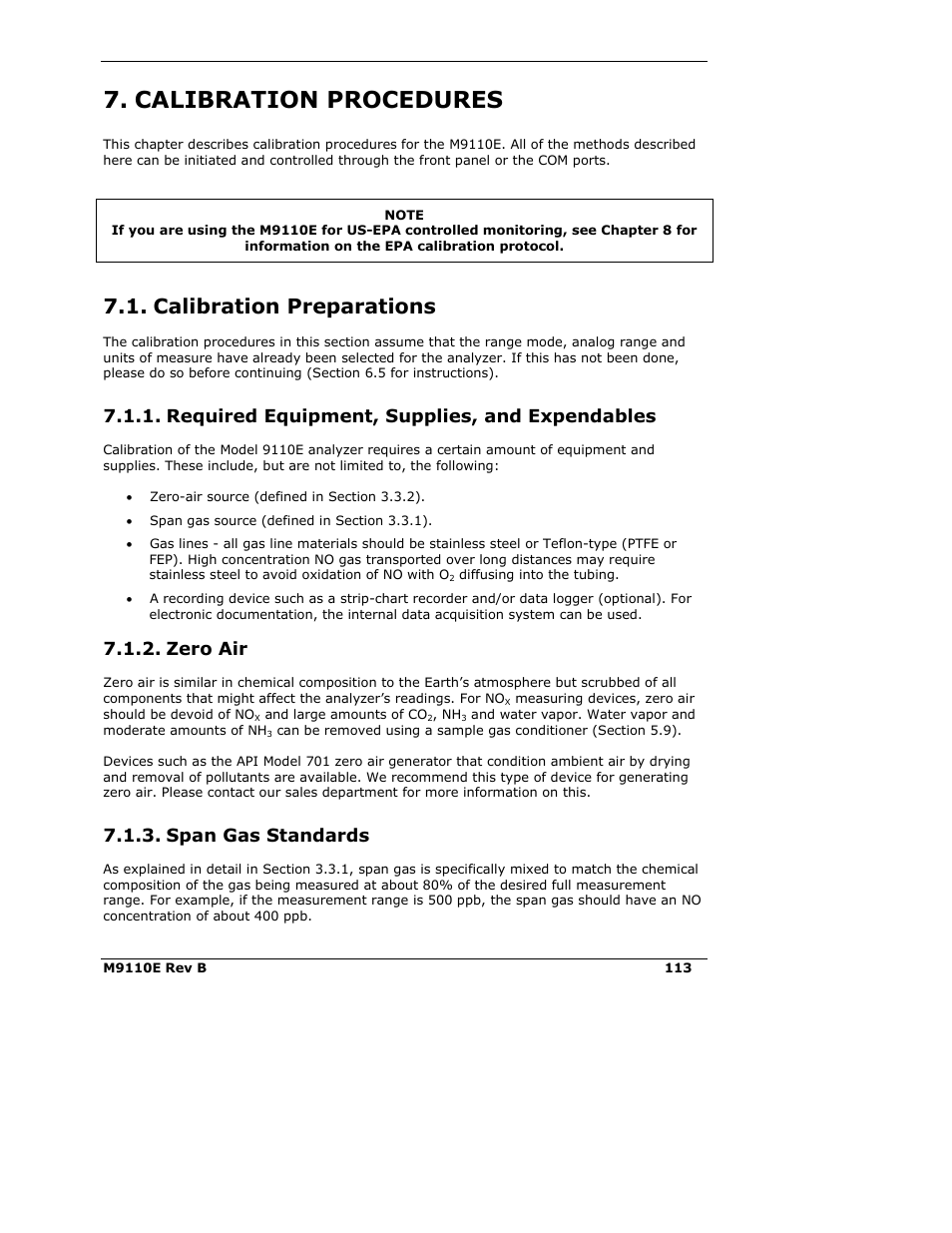 Calibration procedures, Calibration preparations, Required equipment, supplies, and expendables | Zero air, Span gas standards | Teledyne 9110E - Nitrogen Oxides Analyzer User Manual | Page 127 / 280