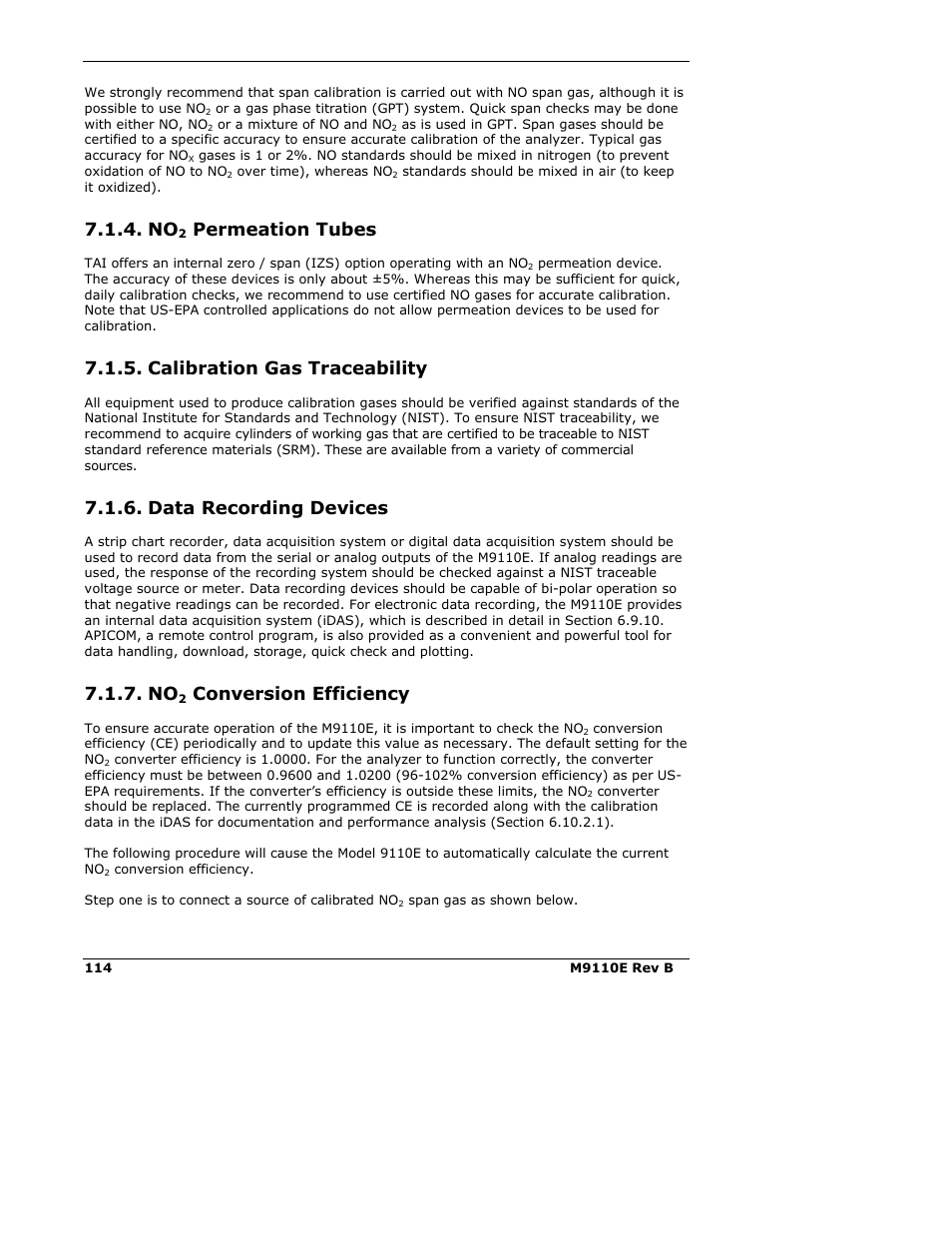 Permeation tubes, Calibration gas traceability, Data recording devices | Conversion efficiency | Teledyne 9110E - Nitrogen Oxides Analyzer User Manual | Page 128 / 280