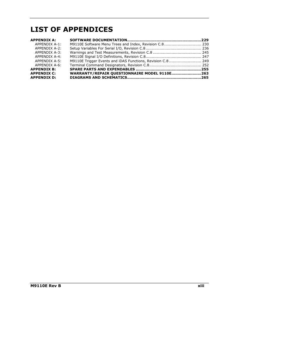 List of appendices | Teledyne 9110E - Nitrogen Oxides Analyzer User Manual | Page 13 / 280