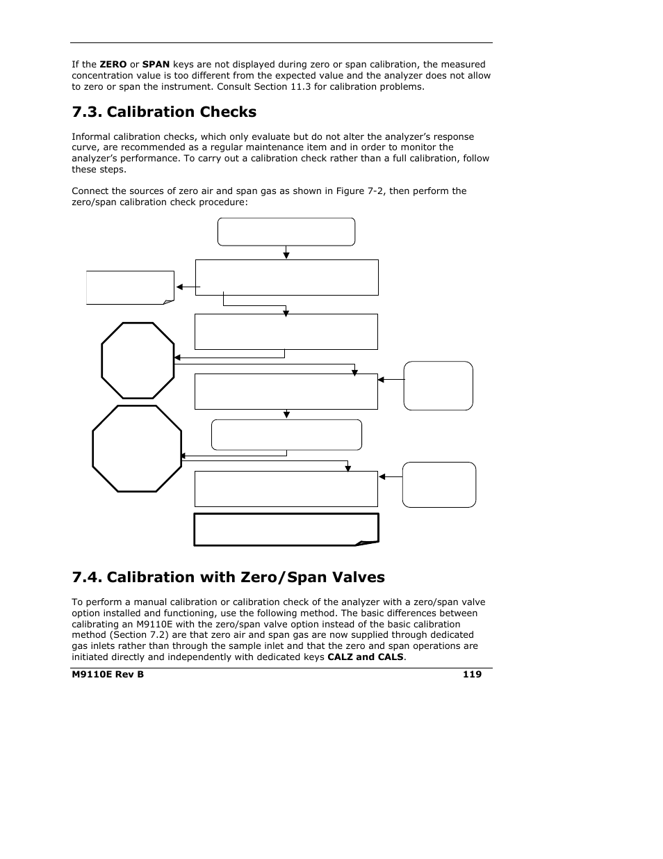 Calibration checks, Calibration with zero/span valves | Teledyne 9110E - Nitrogen Oxides Analyzer User Manual | Page 133 / 280