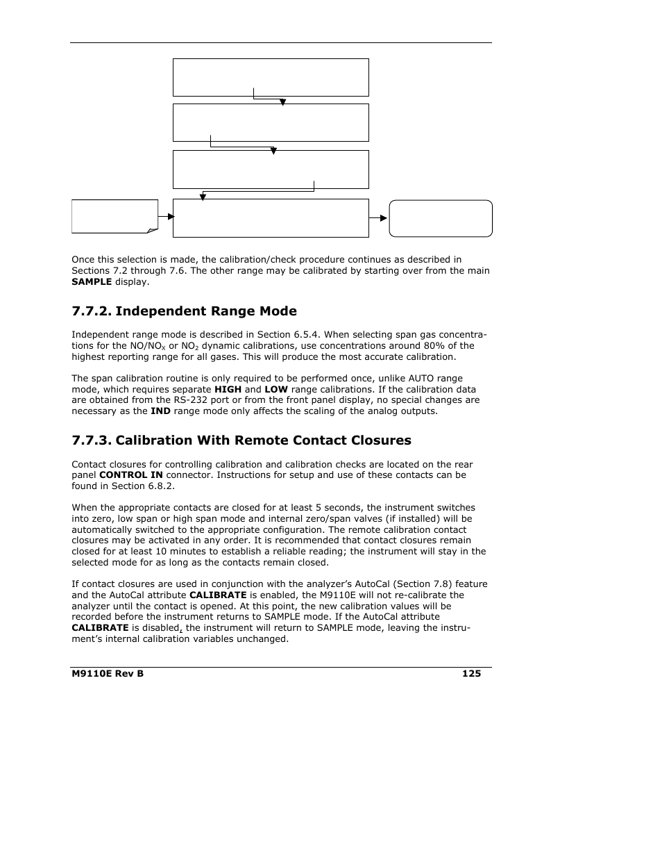 Independent range mode, Calibration with remote contact closures | Teledyne 9110E - Nitrogen Oxides Analyzer User Manual | Page 139 / 280