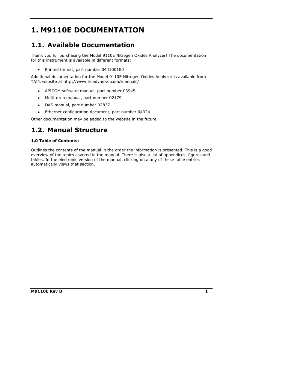 M9110e documentation, Available documentation, Manual structure | Teledyne 9110E - Nitrogen Oxides Analyzer User Manual | Page 15 / 280