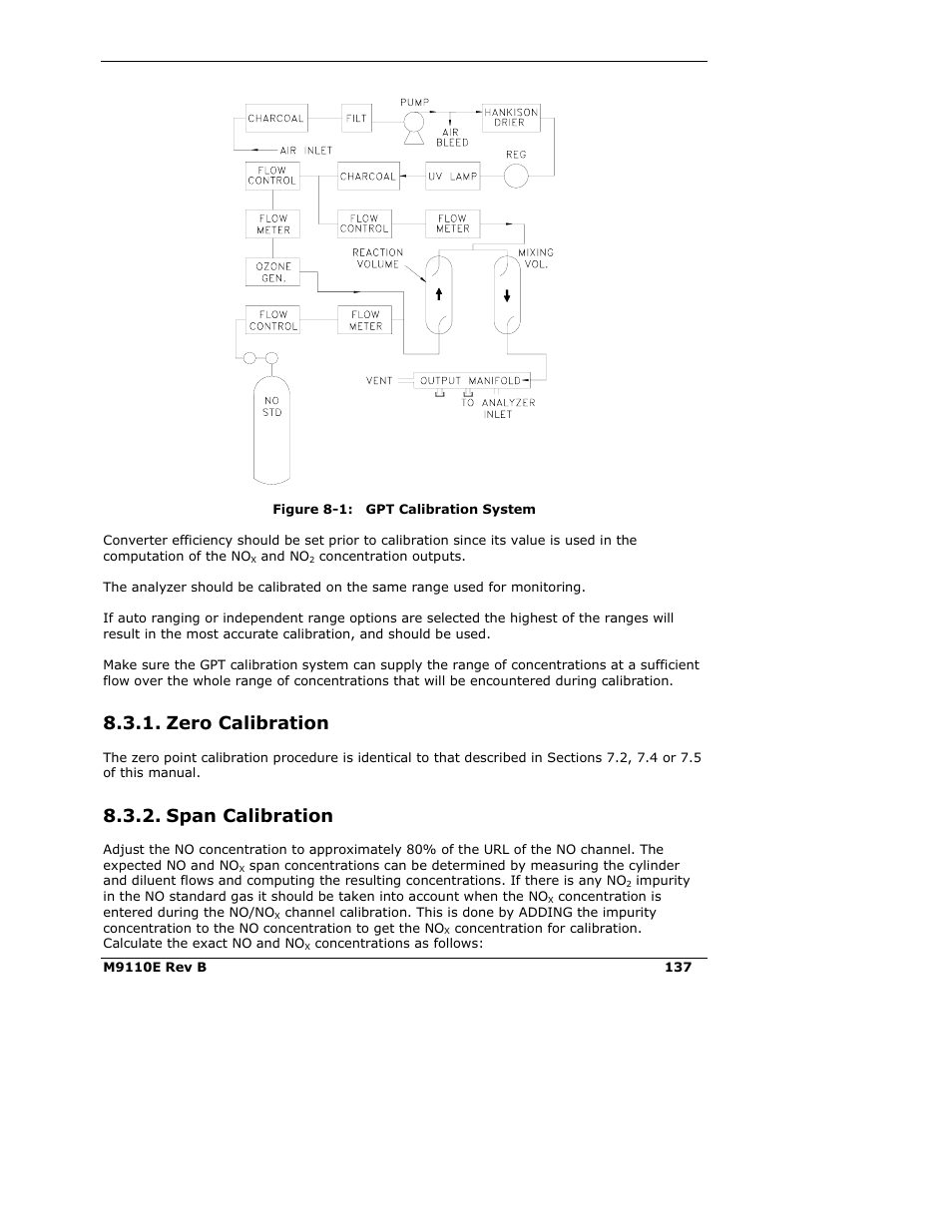 Zero calibration, Span calibration | Teledyne 9110E - Nitrogen Oxides Analyzer User Manual | Page 151 / 280