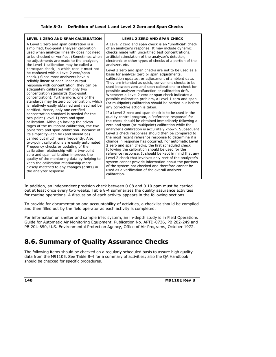 Summary of quality assurance checks | Teledyne 9110E - Nitrogen Oxides Analyzer User Manual | Page 154 / 280