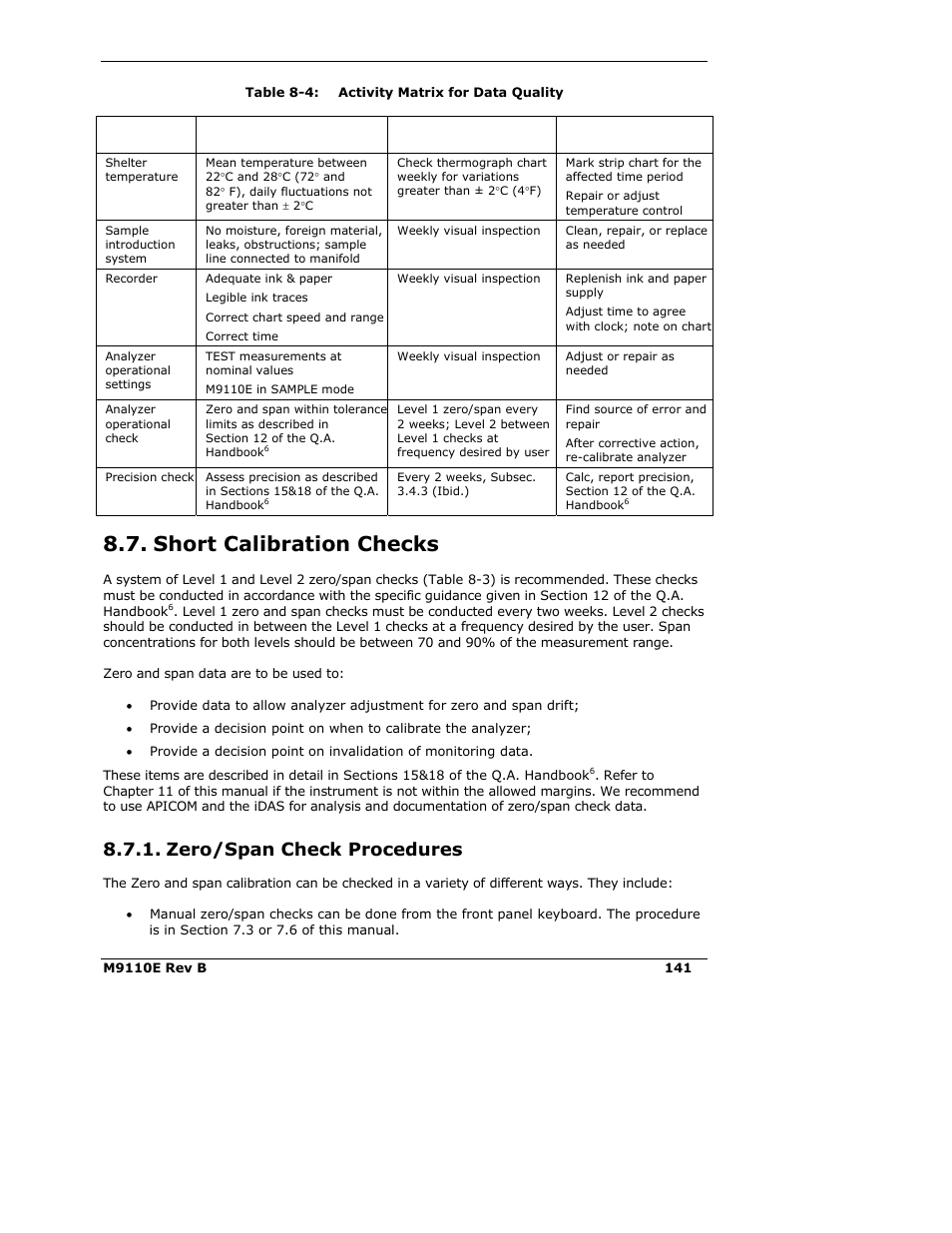 Short calibration checks, Zero/span check procedures | Teledyne 9110E - Nitrogen Oxides Analyzer User Manual | Page 155 / 280