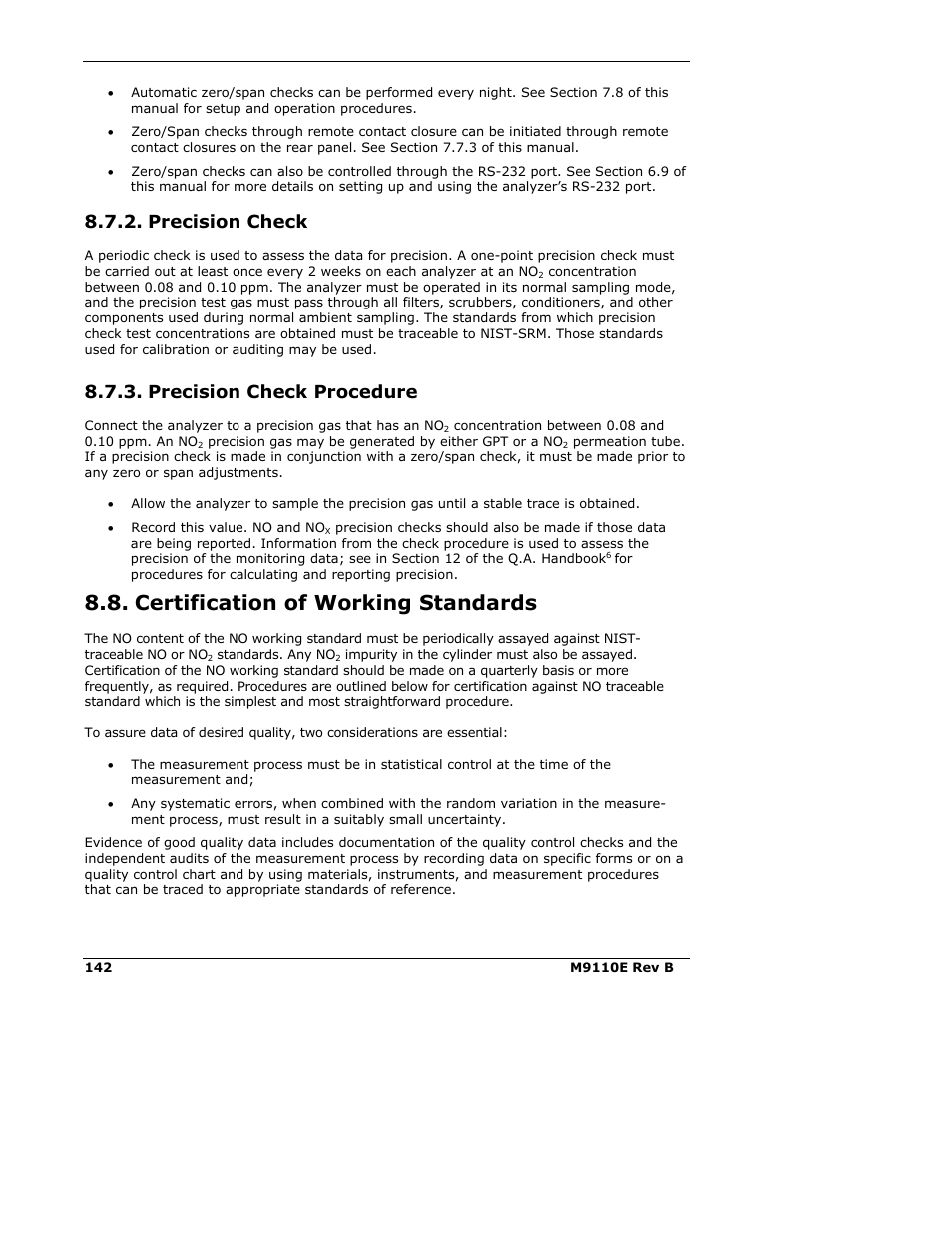 Certification of working standards, Precision check, Precision check procedure | Teledyne 9110E - Nitrogen Oxides Analyzer User Manual | Page 156 / 280