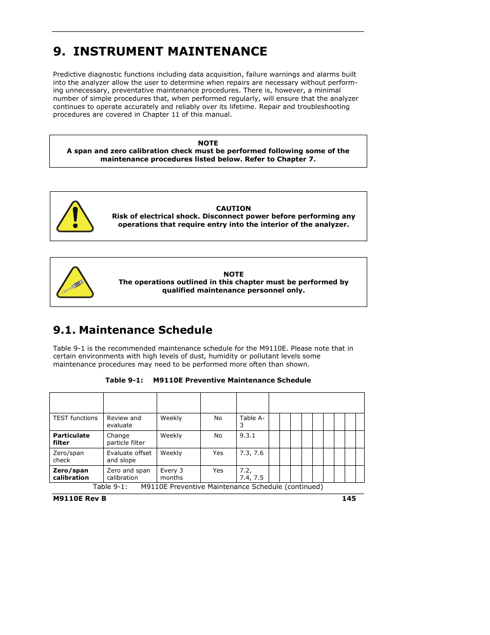 Instrument maintenance, Maintenance schedule | Teledyne 9110E - Nitrogen Oxides Analyzer User Manual | Page 159 / 280