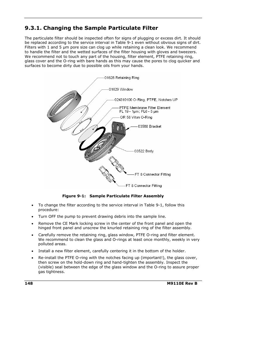 Changing the sample particulate filter | Teledyne 9110E - Nitrogen Oxides Analyzer User Manual | Page 162 / 280