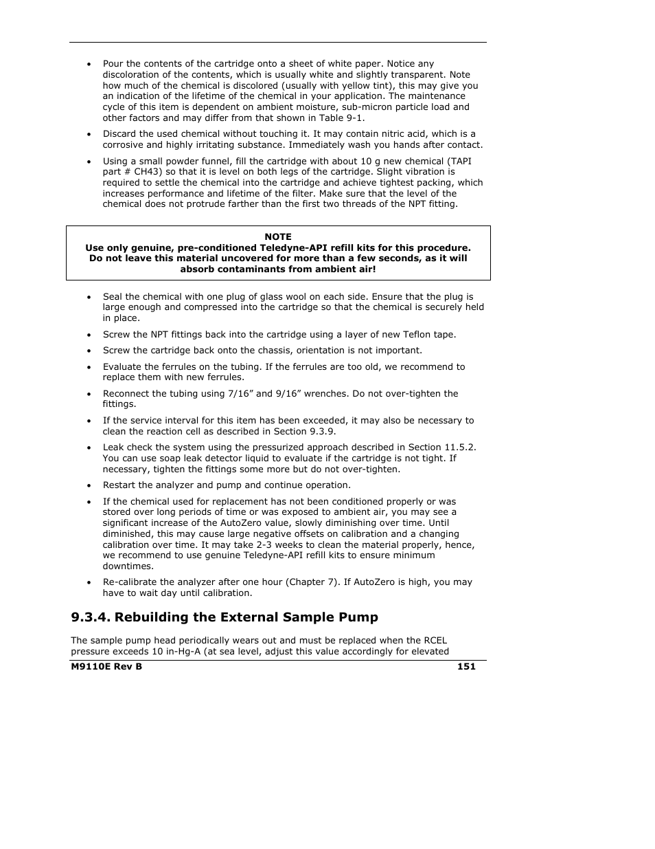 Rebuilding the external sample pump | Teledyne 9110E - Nitrogen Oxides Analyzer User Manual | Page 165 / 280