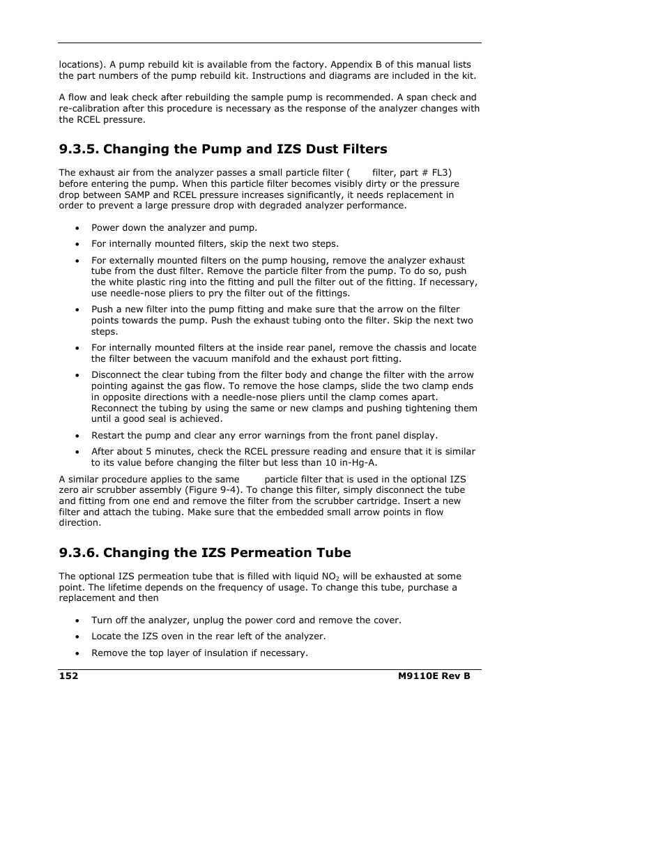 Changing the pump and izs dust filters, Changing the izs permeation tube | Teledyne 9110E - Nitrogen Oxides Analyzer User Manual | Page 166 / 280