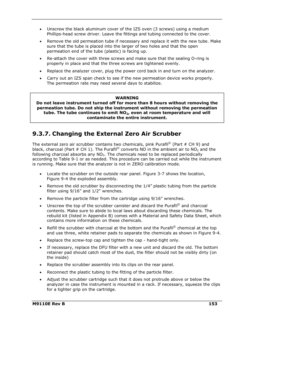 Changing the external zero air scrubber | Teledyne 9110E - Nitrogen Oxides Analyzer User Manual | Page 167 / 280