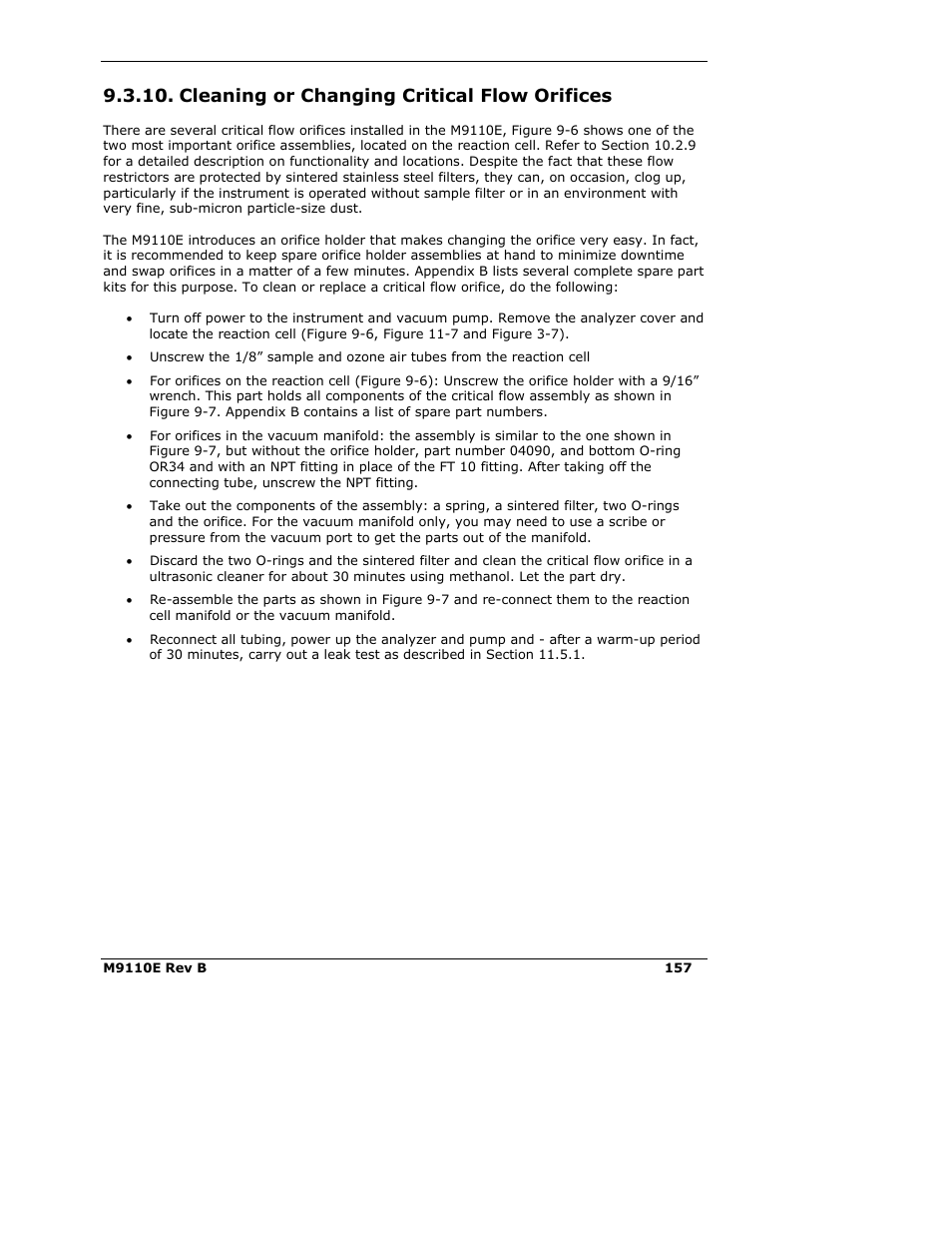 Cleaning or changing critical flow orifices | Teledyne 9110E - Nitrogen Oxides Analyzer User Manual | Page 171 / 280