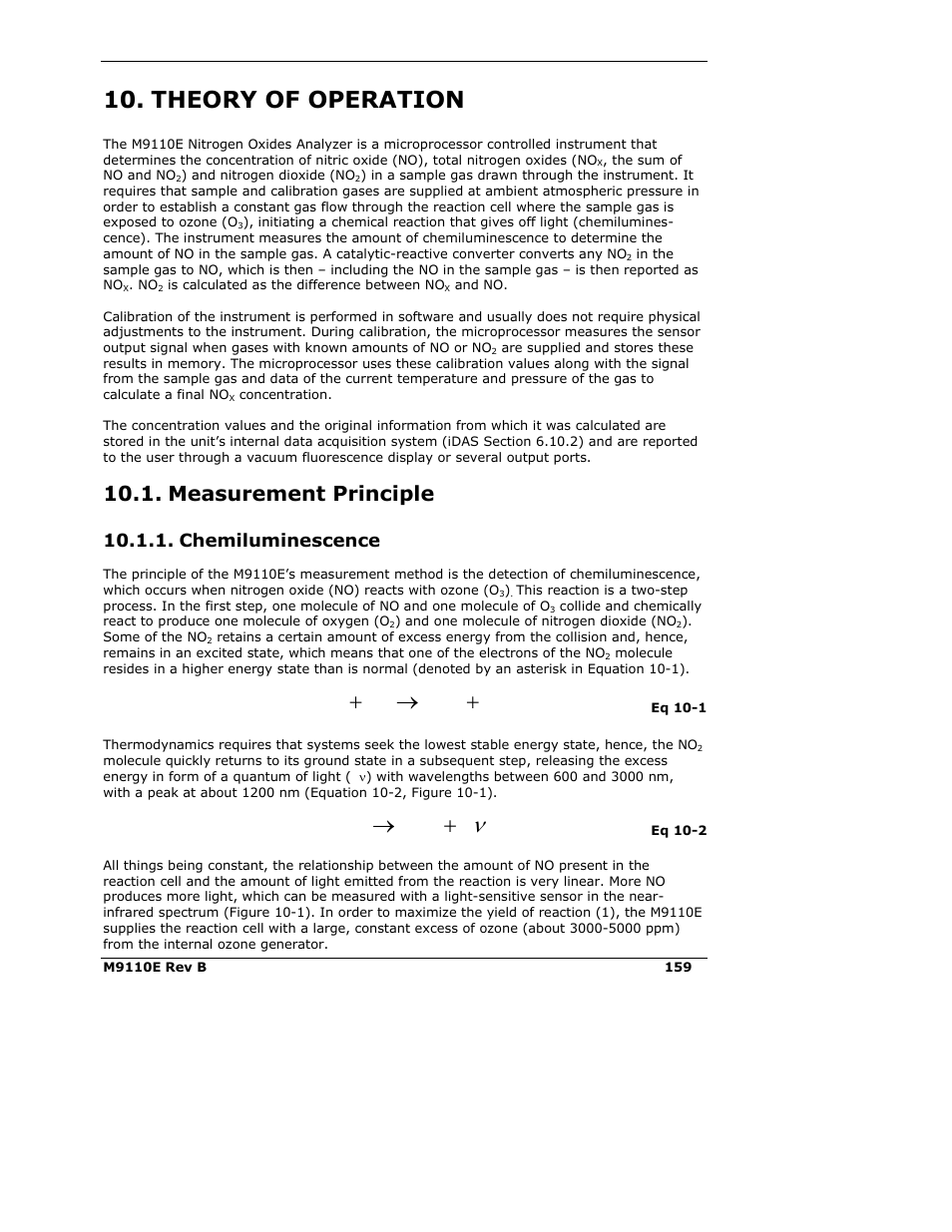 Theory of operation, Ono o no, Hno no | Measurement principle, Chemiluminescence | Teledyne 9110E - Nitrogen Oxides Analyzer User Manual | Page 173 / 280