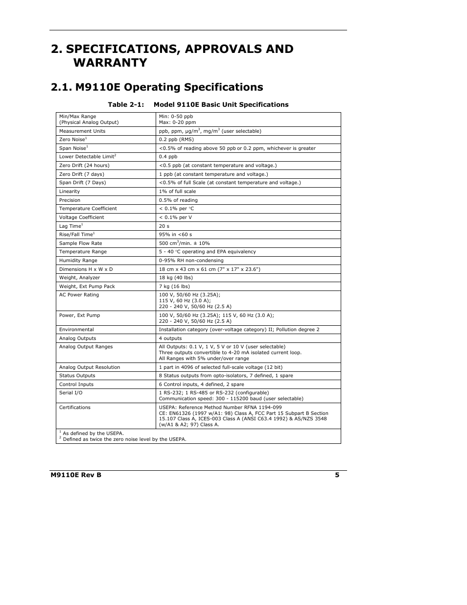 Specifications, approvals and warranty, M9110e operating specifications | Teledyne 9110E - Nitrogen Oxides Analyzer User Manual | Page 19 / 280