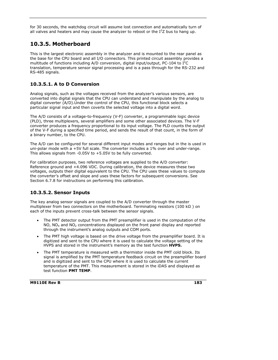 Motherboard | Teledyne 9110E - Nitrogen Oxides Analyzer User Manual | Page 197 / 280