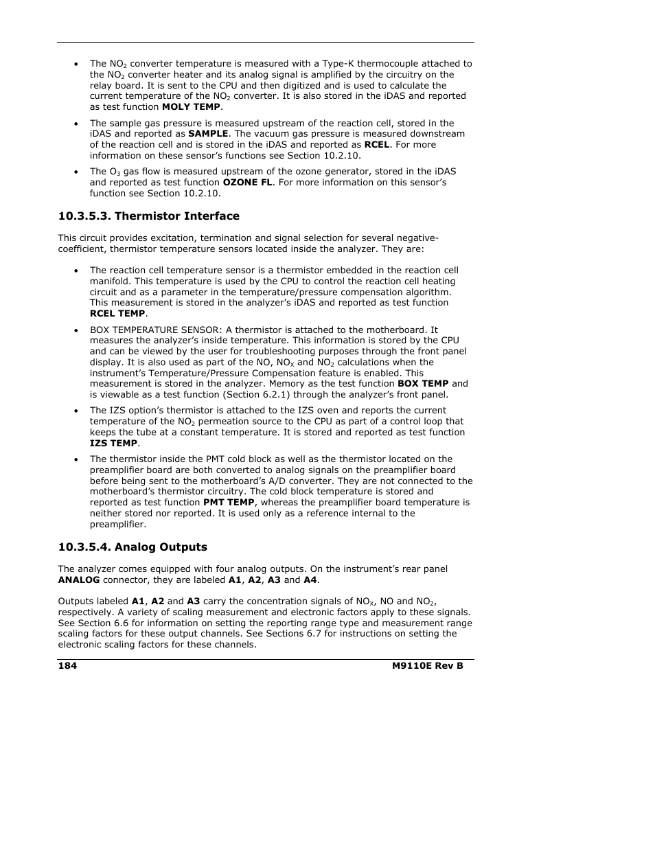 Thermistor interface, Analog outputs | Teledyne 9110E - Nitrogen Oxides Analyzer User Manual | Page 198 / 280