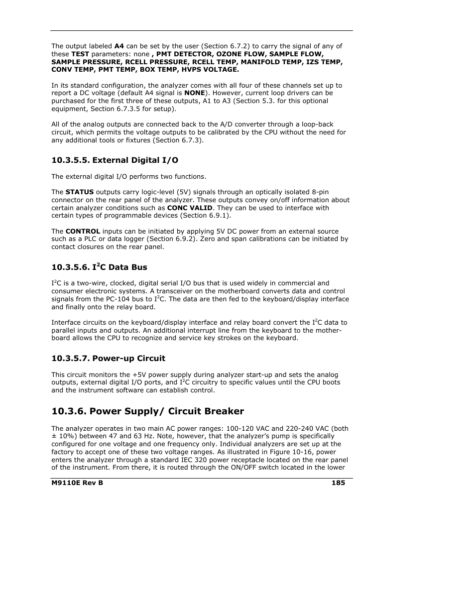 Power supply/ circuit breaker | Teledyne 9110E - Nitrogen Oxides Analyzer User Manual | Page 199 / 280