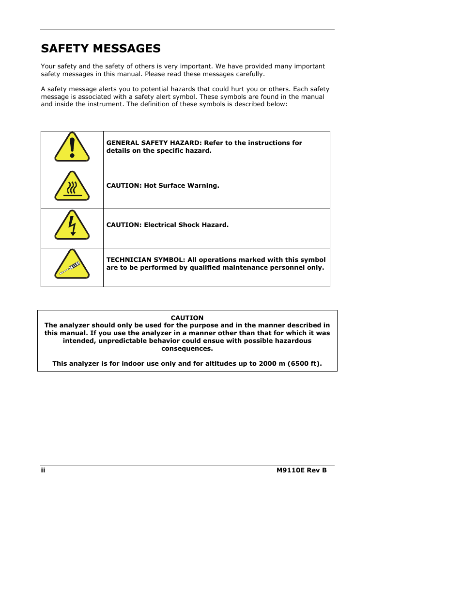 Safety messages | Teledyne 9110E - Nitrogen Oxides Analyzer User Manual | Page 2 / 280