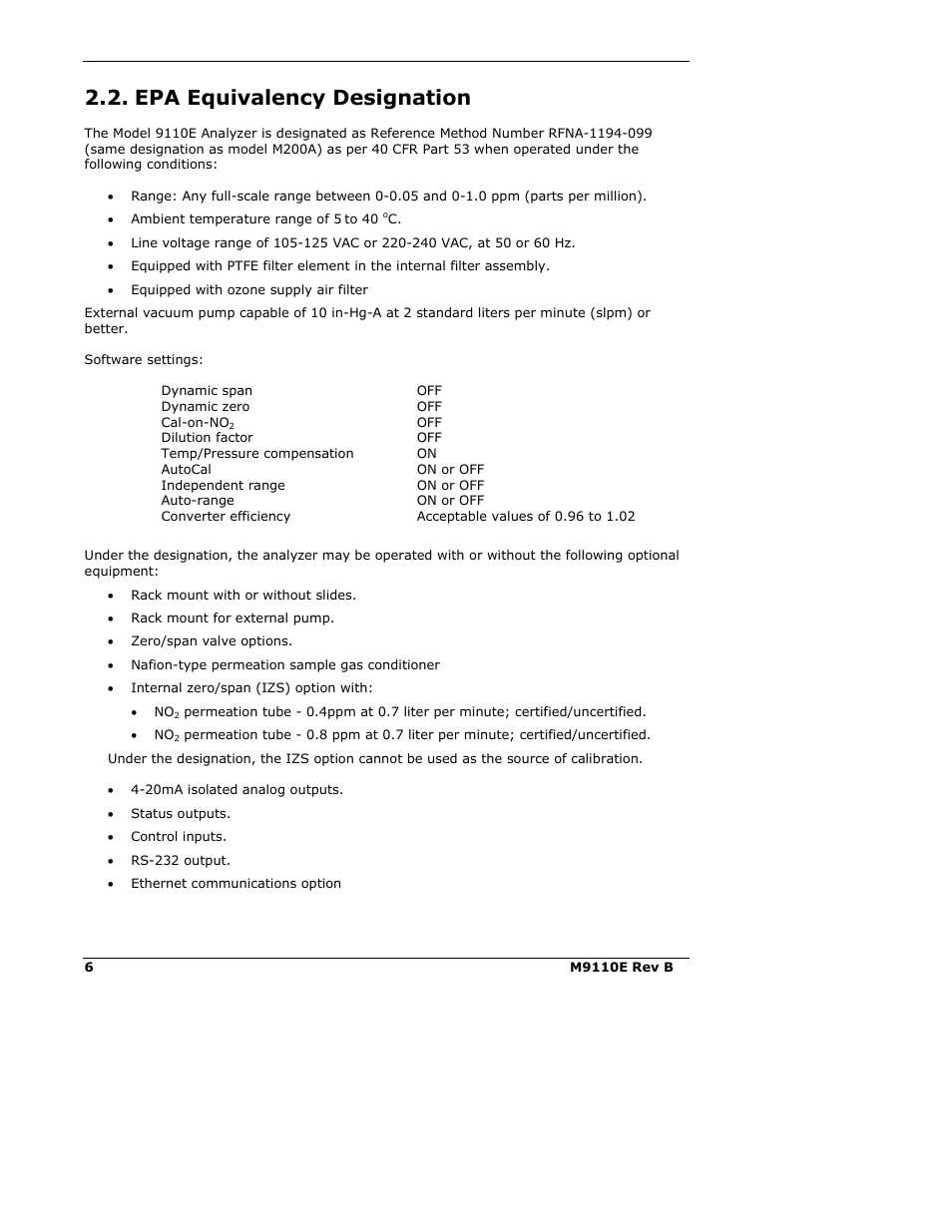 Epa equivalency designation | Teledyne 9110E - Nitrogen Oxides Analyzer User Manual | Page 20 / 280