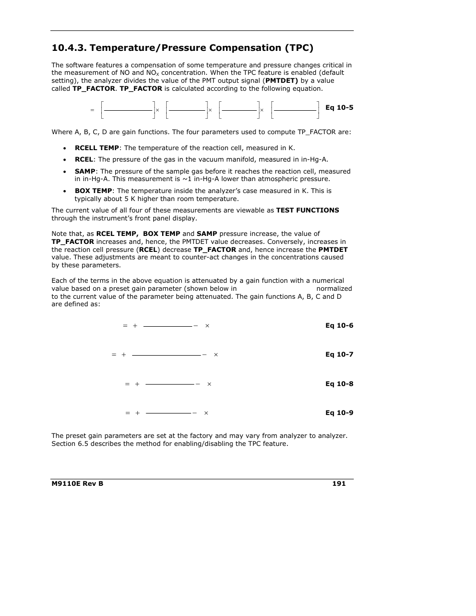 Temperature/pressure compensation (tpc) | Teledyne 9110E - Nitrogen Oxides Analyzer User Manual | Page 205 / 280