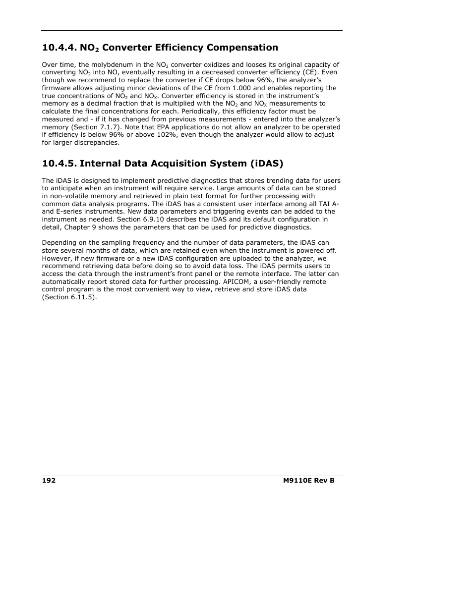 Converter efficiency compensation, Internal data acquisition system (idas) | Teledyne 9110E - Nitrogen Oxides Analyzer User Manual | Page 206 / 280