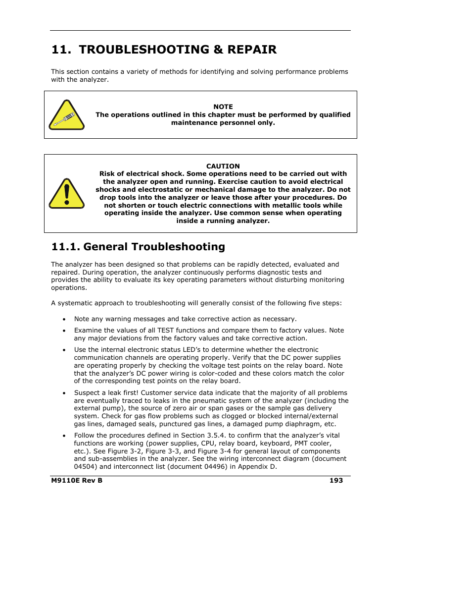 Troubleshooting & repair, General troubleshooting | Teledyne 9110E - Nitrogen Oxides Analyzer User Manual | Page 207 / 280