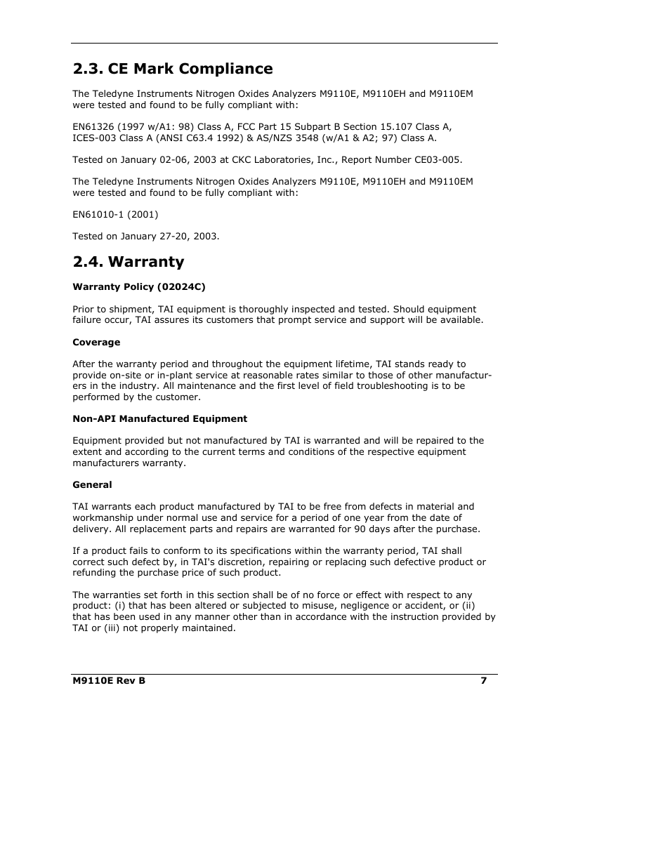 Ce mark compliance, Warranty | Teledyne 9110E - Nitrogen Oxides Analyzer User Manual | Page 21 / 280