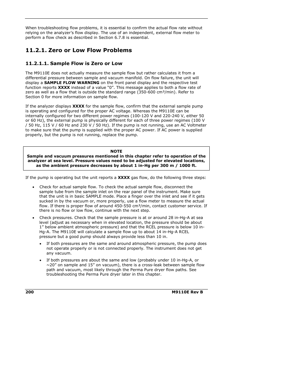 Zero or low flow problems | Teledyne 9110E - Nitrogen Oxides Analyzer User Manual | Page 214 / 280