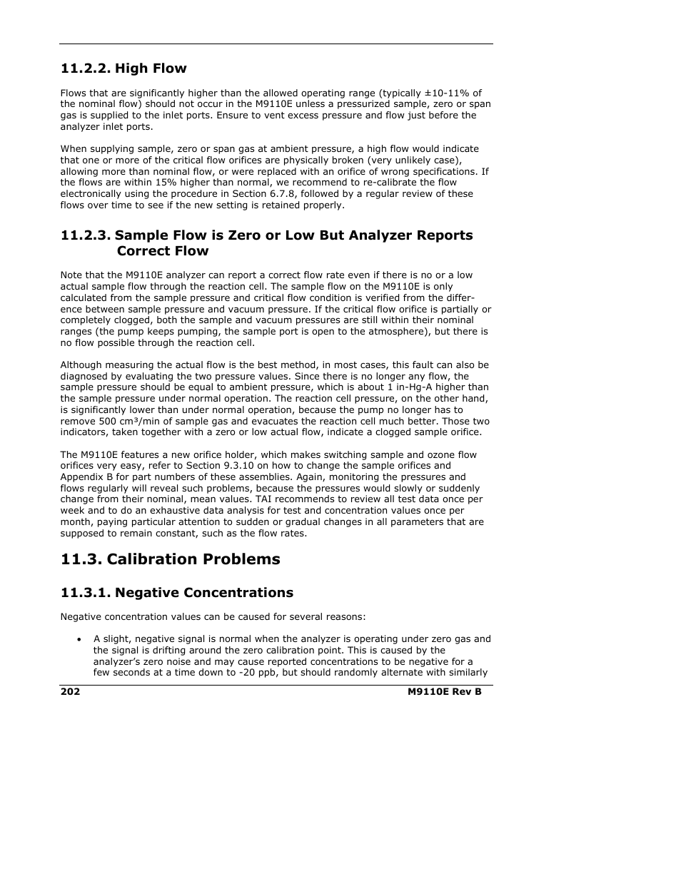 Calibration problems, High flow, Negative concentrations | Teledyne 9110E - Nitrogen Oxides Analyzer User Manual | Page 216 / 280