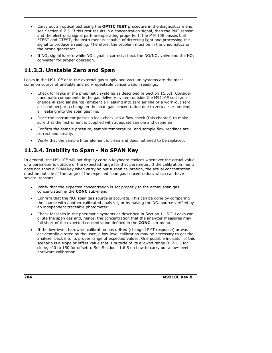 Unstable zero and span, Inability to span - no span key | Teledyne 9110E - Nitrogen Oxides Analyzer User Manual | Page 218 / 280