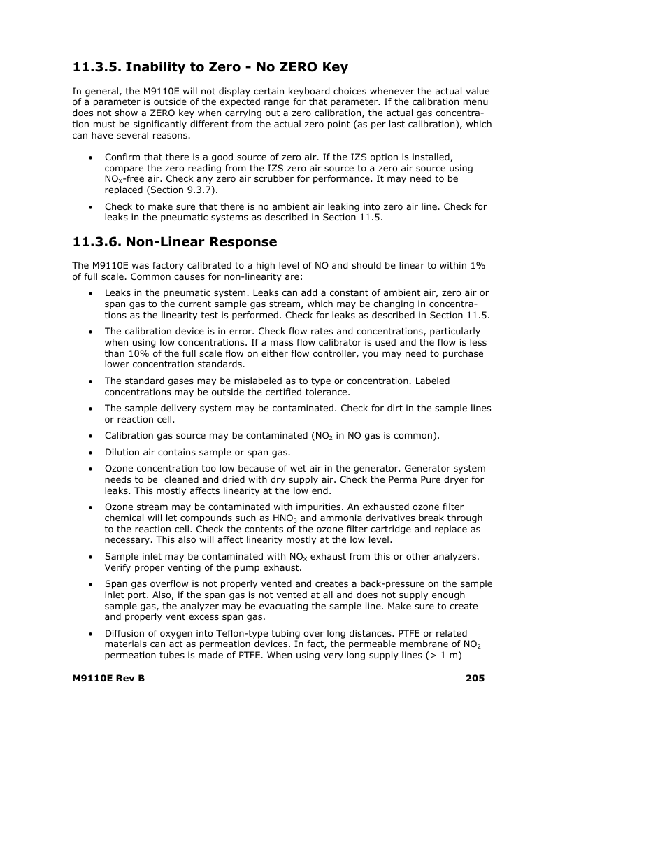 Inability to zero - no zero key, Non-linear response | Teledyne 9110E - Nitrogen Oxides Analyzer User Manual | Page 219 / 280