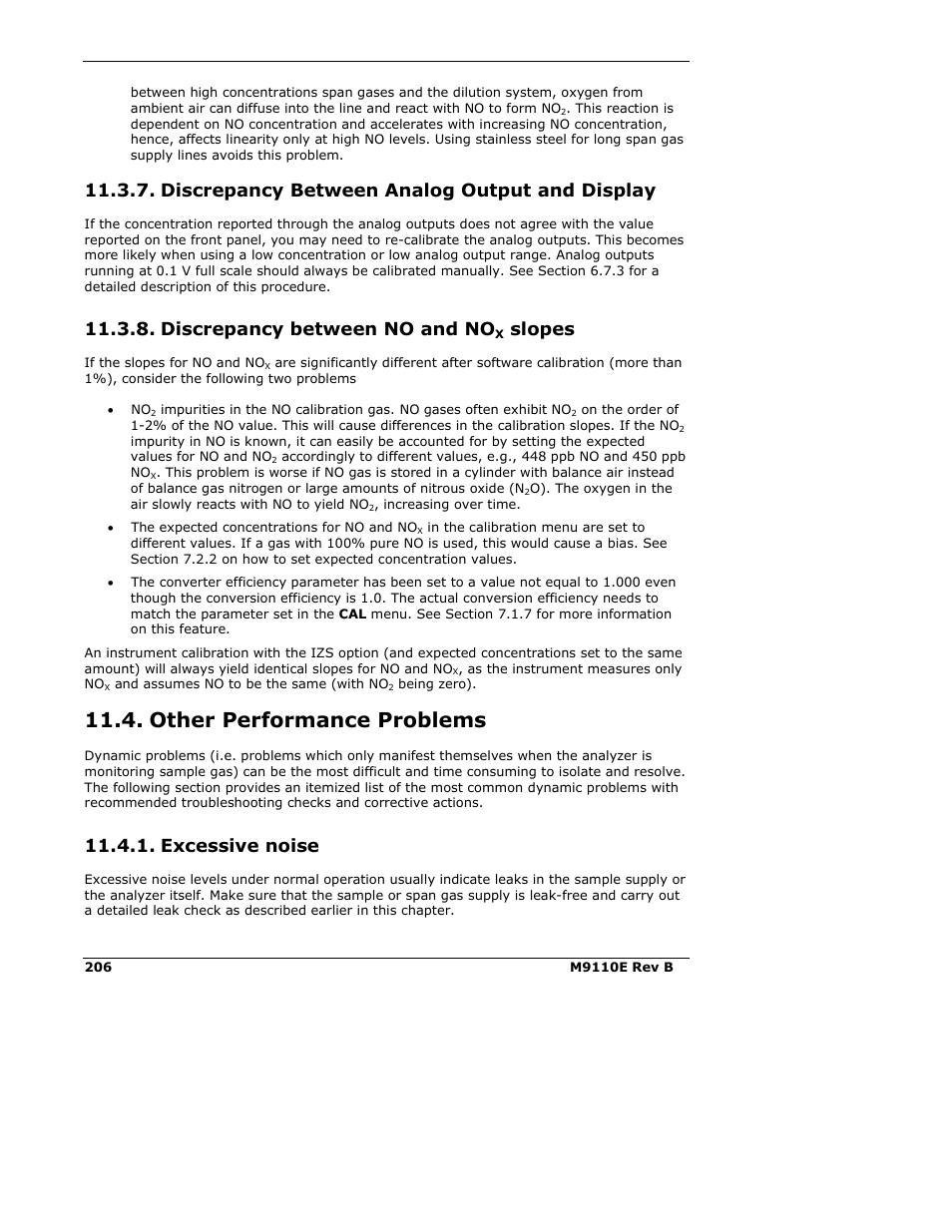 Other performance problems, Discrepancy between analog output and display, Discrepancy between no and no | Slopes, Excessive noise | Teledyne 9110E - Nitrogen Oxides Analyzer User Manual | Page 220 / 280