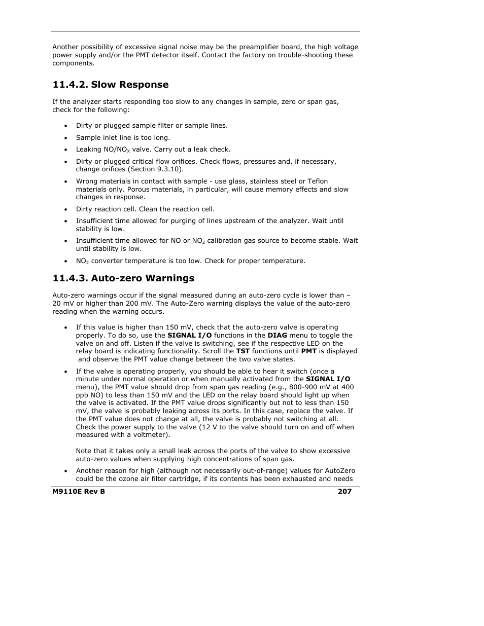 Slow response, Auto-zero warnings | Teledyne 9110E - Nitrogen Oxides Analyzer User Manual | Page 221 / 280