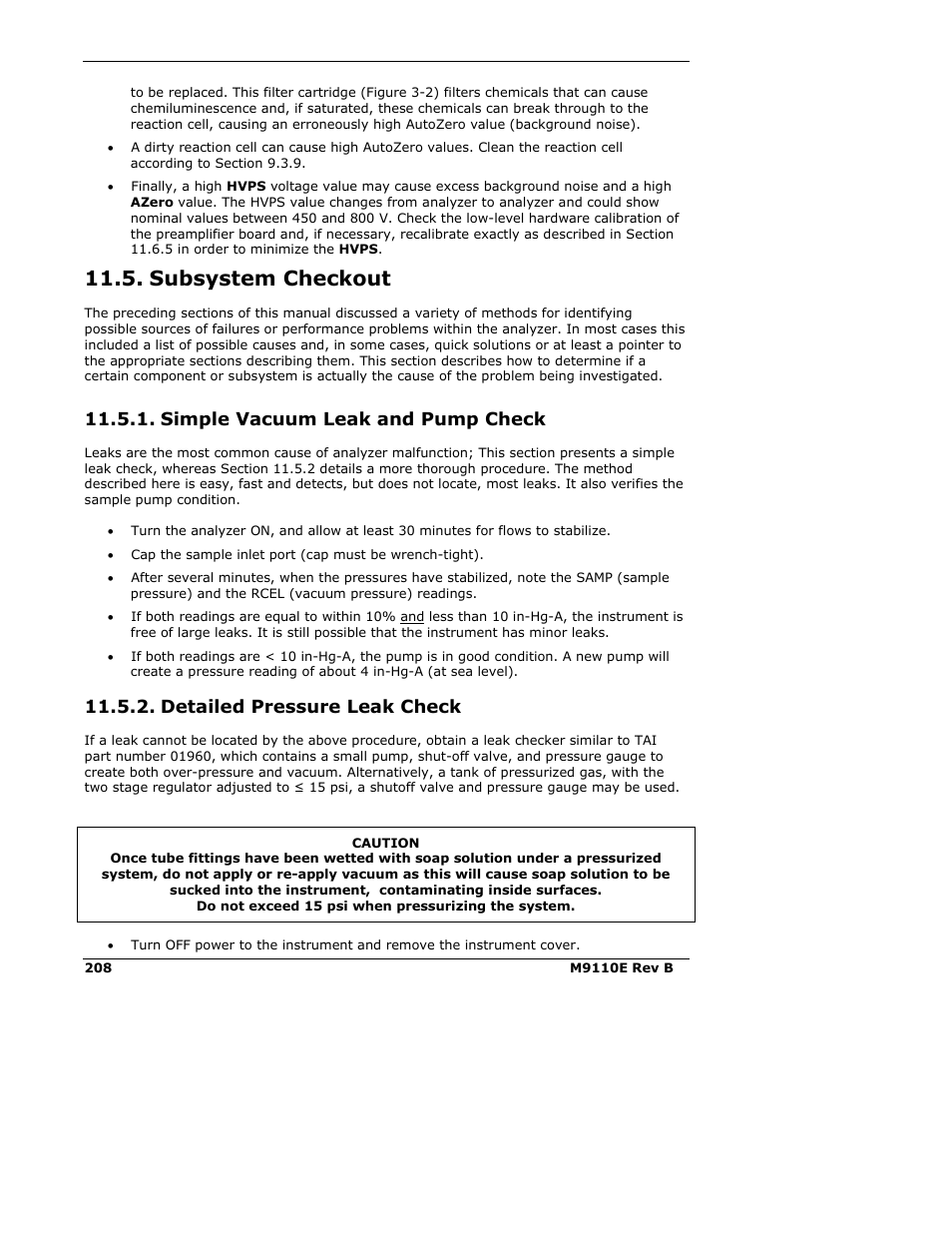 Subsystem checkout, Simple vacuum leak and pump check, Detailed pressure leak check | Teledyne 9110E - Nitrogen Oxides Analyzer User Manual | Page 222 / 280