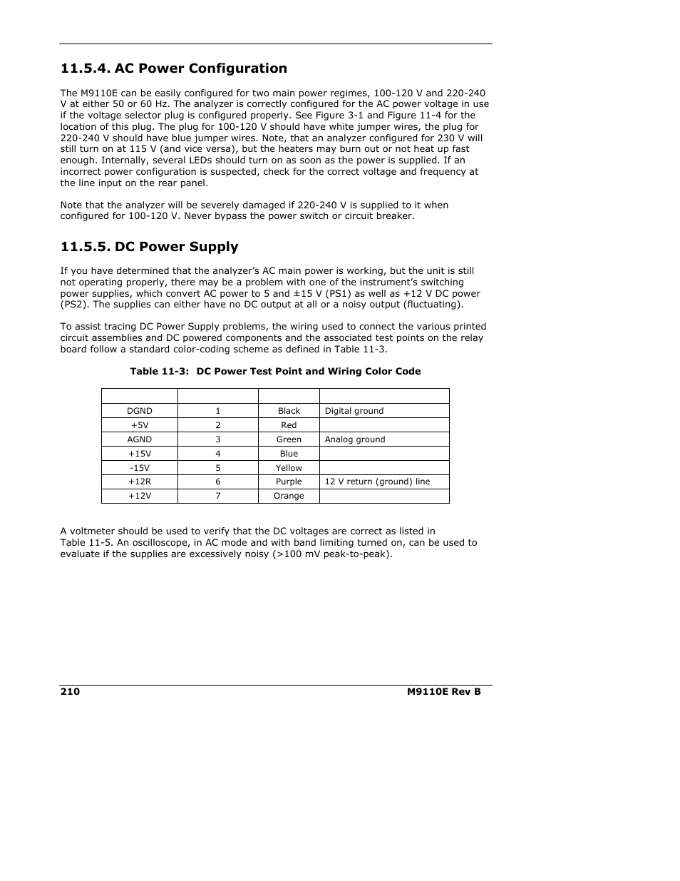 Ac power configuration, Dc power supply | Teledyne 9110E - Nitrogen Oxides Analyzer User Manual | Page 224 / 280