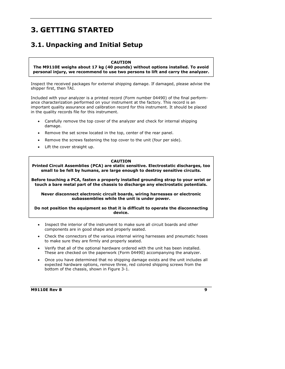 Getting started, Unpacking and initial setup | Teledyne 9110E - Nitrogen Oxides Analyzer User Manual | Page 23 / 280