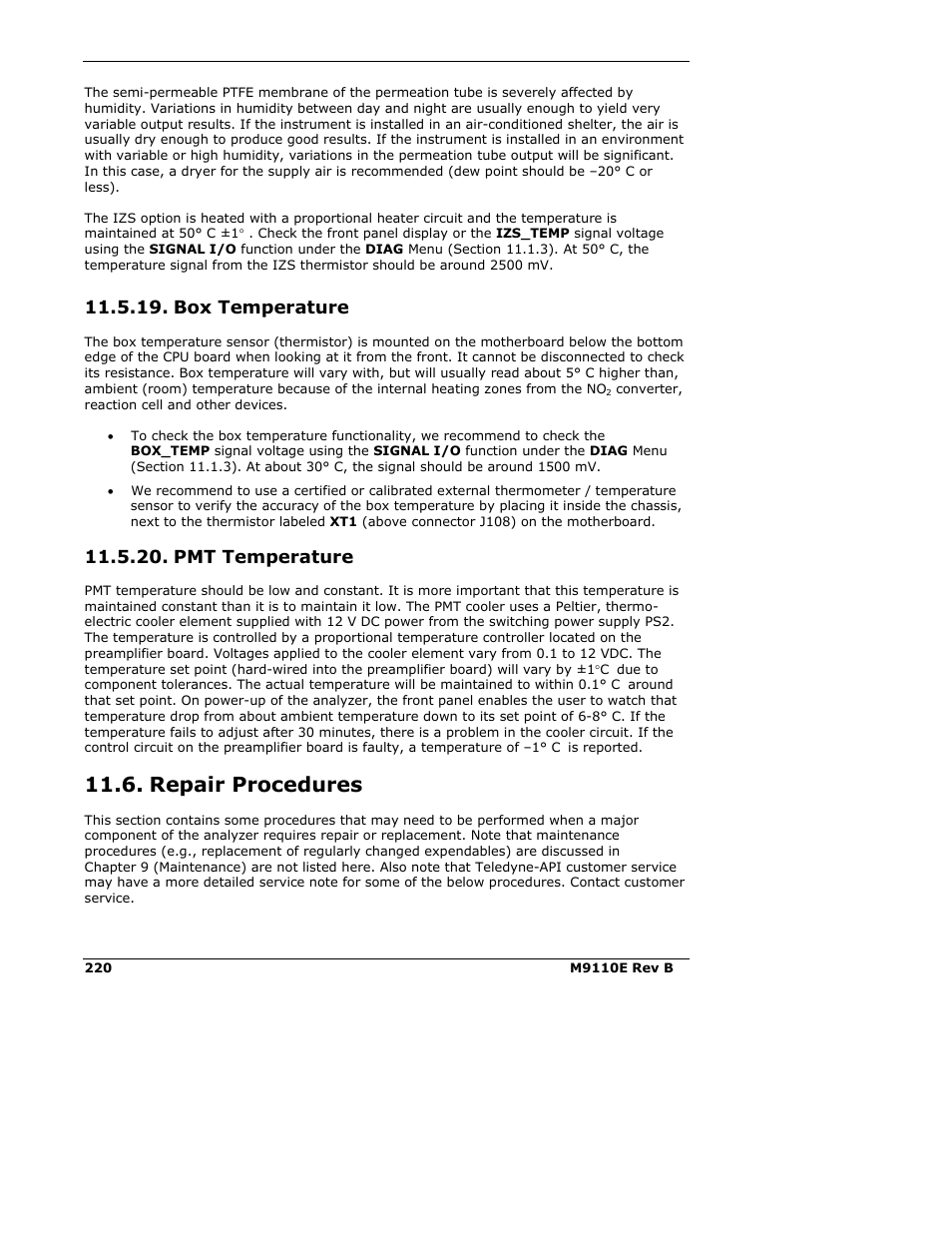 Repair procedures, Box temperature, Pmt temperature | Teledyne 9110E - Nitrogen Oxides Analyzer User Manual | Page 234 / 280