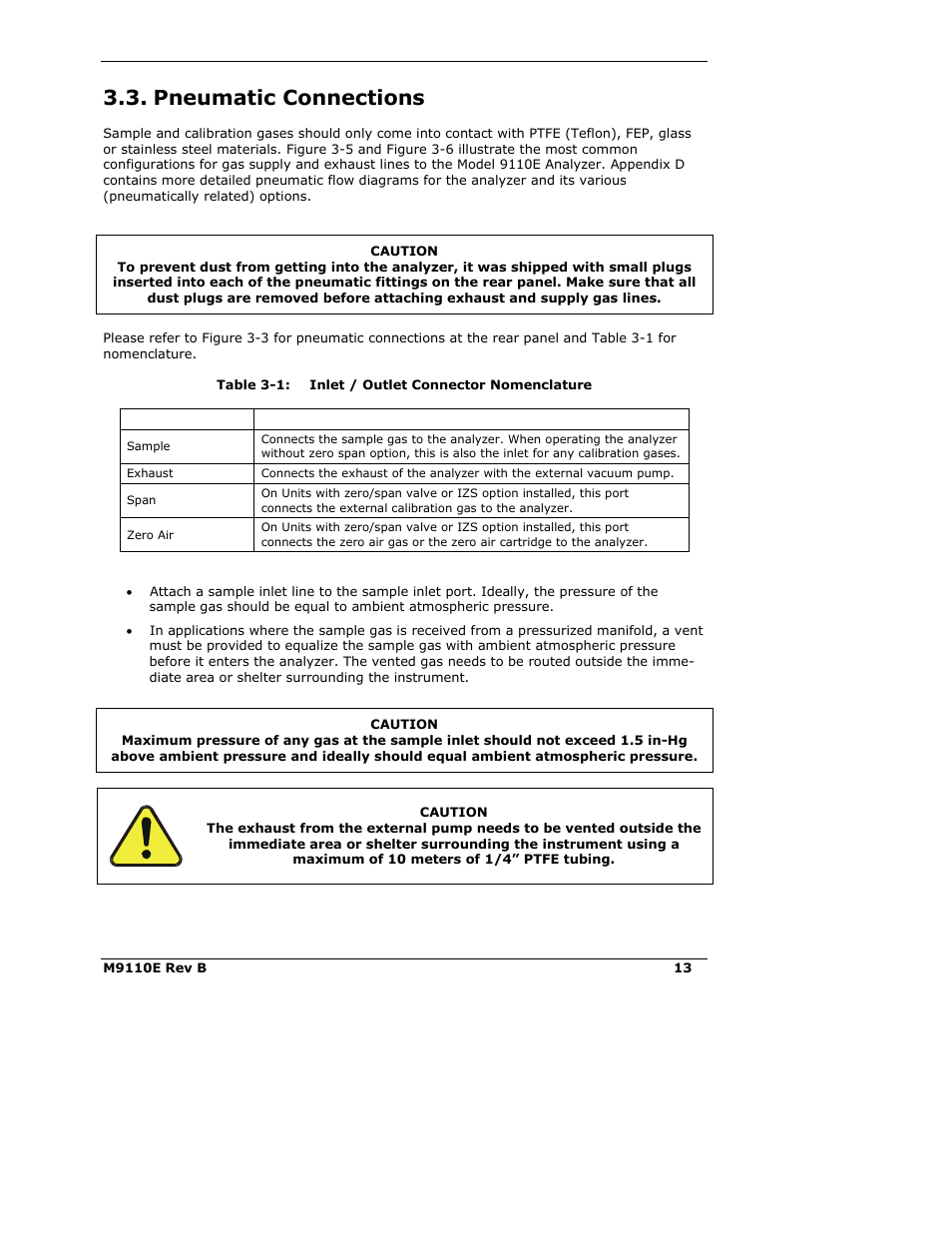 Pneumatic connections | Teledyne 9110E - Nitrogen Oxides Analyzer User Manual | Page 27 / 280