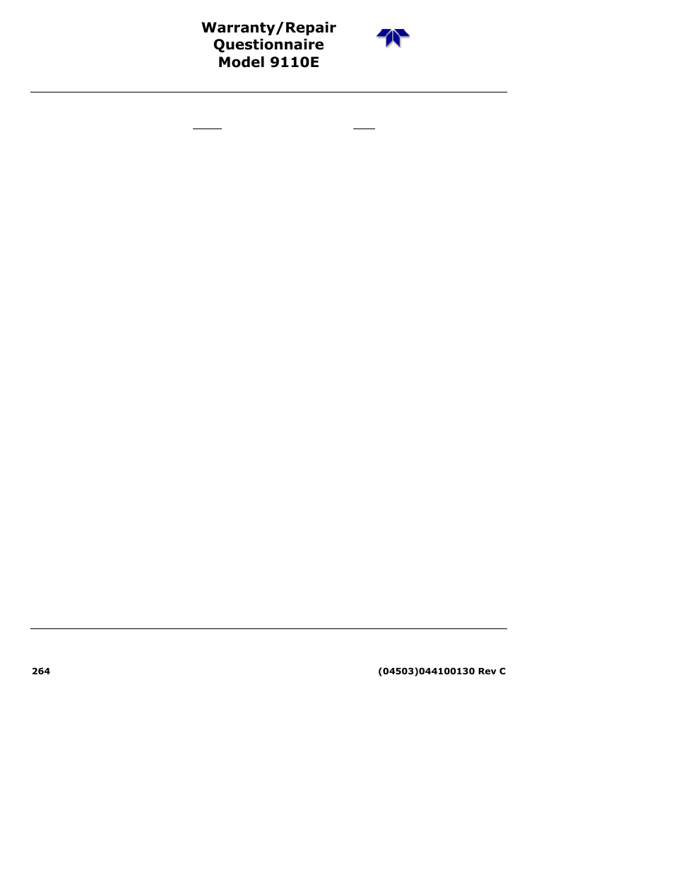 Warranty/repair questionnaire model 9110e | Teledyne 9110E - Nitrogen Oxides Analyzer User Manual | Page 278 / 280