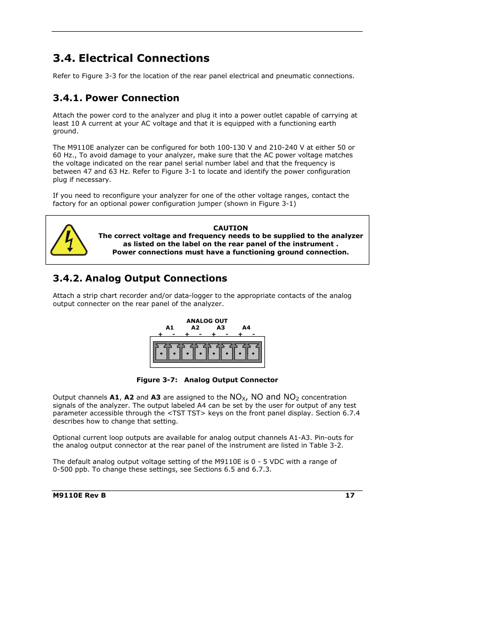 Electrical connections, Power connection, Analog output connections | Teledyne 9110E - Nitrogen Oxides Analyzer User Manual | Page 31 / 280