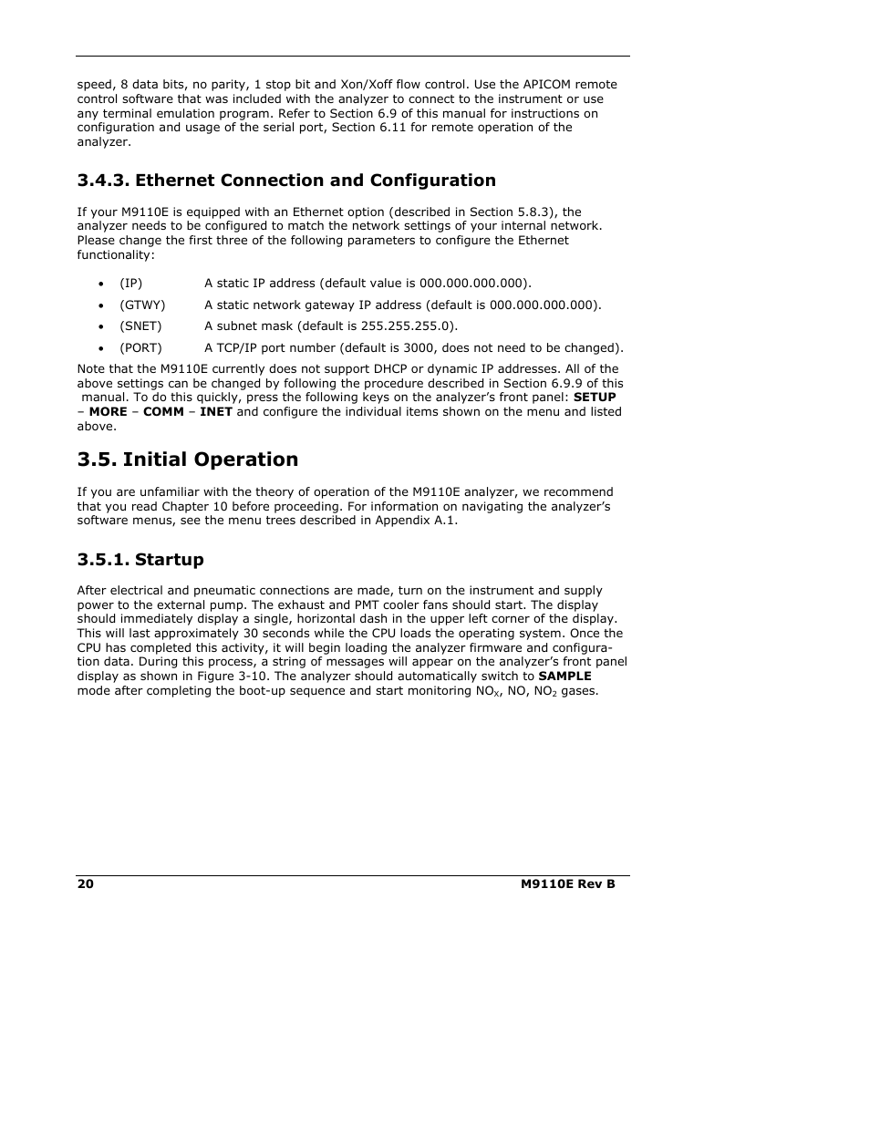 Initial operation, Ethernet connection and configuration, Startup | Teledyne 9110E - Nitrogen Oxides Analyzer User Manual | Page 34 / 280