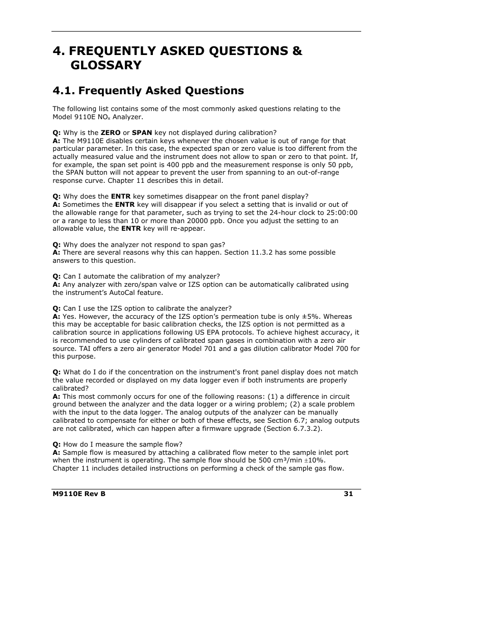 Frequently asked questions & glossary, Frequently asked questions | Teledyne 9110E - Nitrogen Oxides Analyzer User Manual | Page 45 / 280