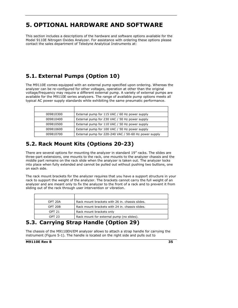 Optional hardware and software, External pumps (option 10), Rack mount kits (options 20-23) | Carrying strap handle (option 29) | Teledyne 9110E - Nitrogen Oxides Analyzer User Manual | Page 49 / 280