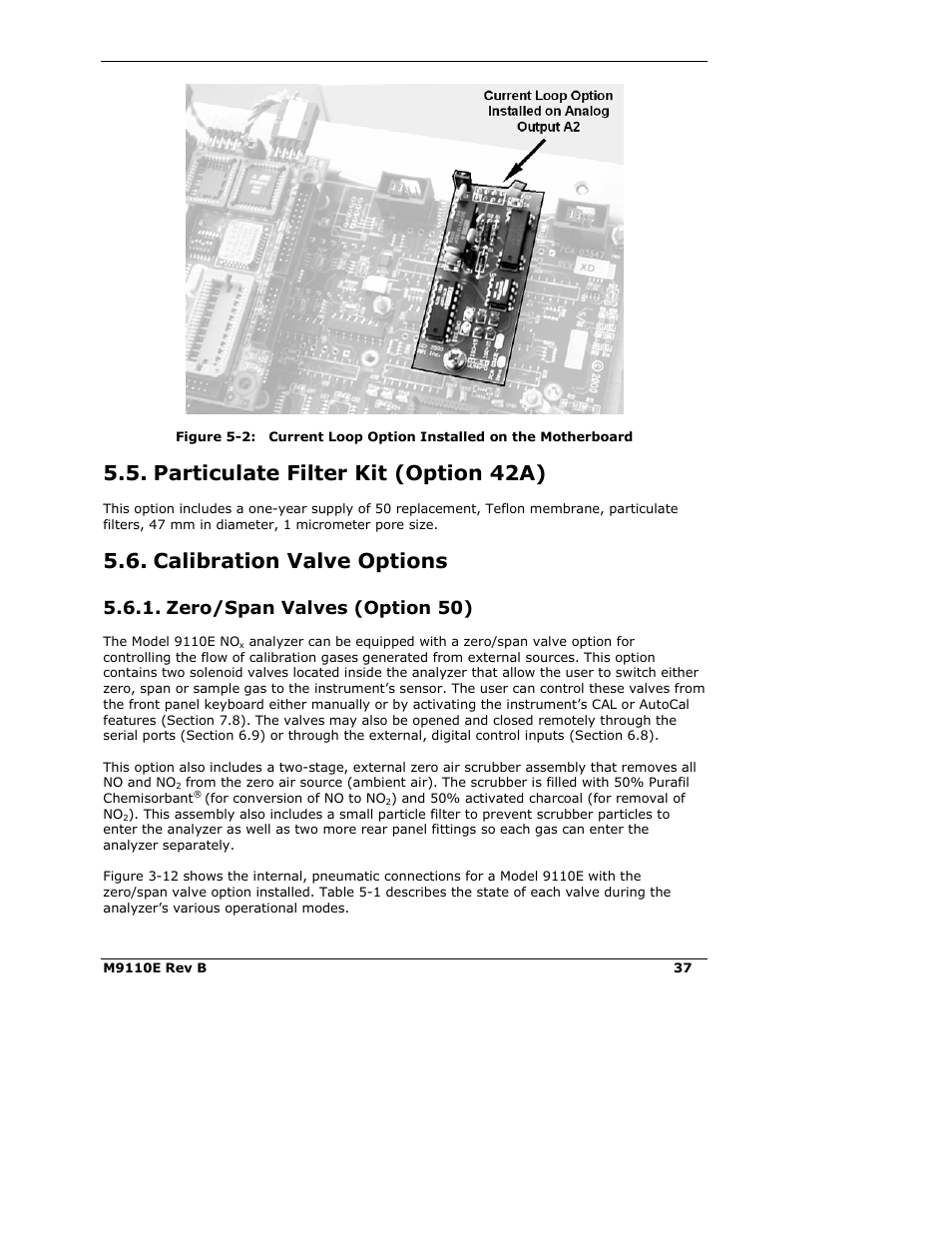 Particulate filter kit (option 42a), Calibration valve options, Zero/span valves (option 50) | Teledyne 9110E - Nitrogen Oxides Analyzer User Manual | Page 51 / 280